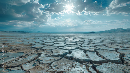 The sun casts its rays over a vast, cracked lakebed, highlighting the effects of drought and evoking a sense of desolation.