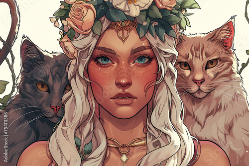 Illustration of Norse goddess Freya with flowers in hair and her two cats Bygul and Trjegul photo
