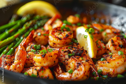 Charred shrimp and asparagus skillet, a savory seafood feast close-up