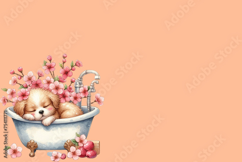 dog sleeping in the bathtub  peach Fuzz background 
