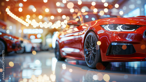 Luxury car showroom with new models on display and beautiful light bokeh © thanakrit
