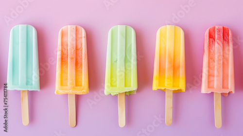 Colorful fruit ice lollies on a bright tricolor background, summer treat concept