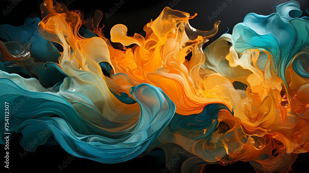 Interplay of tangerine and emerald green liquids colliding, producing a vivid and dynamic abstract display