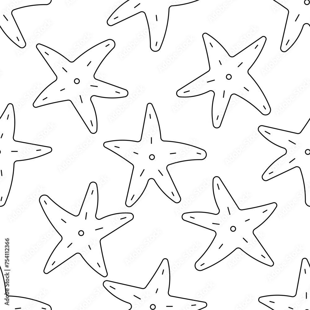 Starfish underwater. Summer Seamless Pattern Background. Animals of the sea. Five limbs. line seafood. Print for children's and adult clothing. Hand drawn vector illustration. doodle coloring