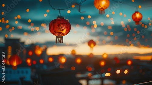 Festive red lanterns glowing at dusk, evening skyline decor, celebration mood. warm, cozy atmosphere, outdoor decorations, event setting. AI