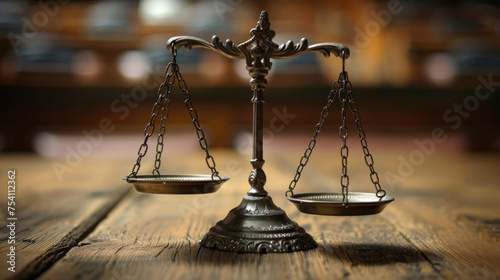 Wooden background with scales of justice symbolizing balance, law, and fairness
