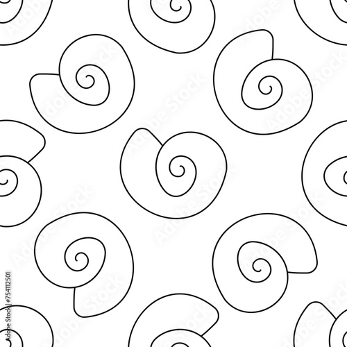 Seashells molluscs. Snails in shells. Summer Seamless Pattern Background. Animals of the sea. line seafood. Print for children's and adult clothing. Hand drawn vector illustration. doodle coloring