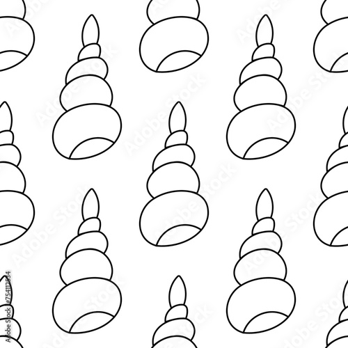 Seashells molluscs. Snails in shells. Summer Seamless Pattern Background. Animals of the sea. line seafood. Print for children's and adult clothing. Hand drawn vector illustration. doodle coloring