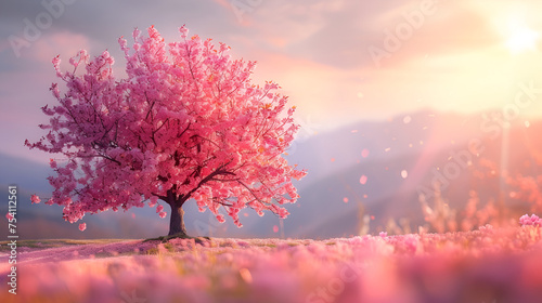 Beautiful spring nature scene with pink blooming tree, generative ai
