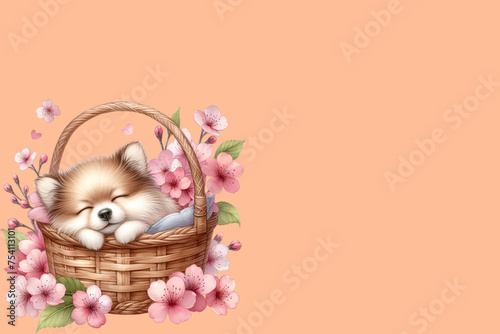 dog sleeping in cherry blossom basket  peach Fuzz background 

