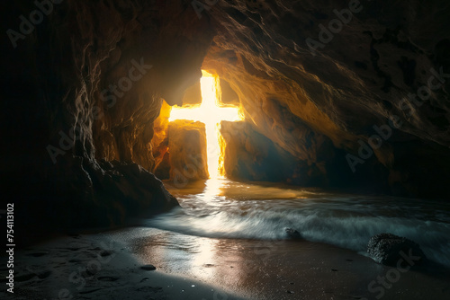 Cave with a cross, resurrections and Easter symbolic.  Generative ai