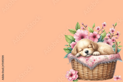 dog sleeping in cherry blossom basket  peach Fuzz background 

