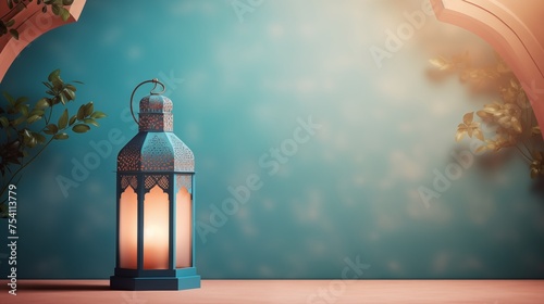Ramadan kareem and eid fitr islamic concept background illustration with lantern, stars and leaves in paper cutting style 3D for wallpaper, greeting card and flyer. copy space.