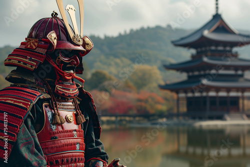 A Japanese samurai warrior wearing a red ancient martial arts uniform.