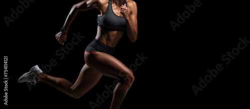 A strong muscular athletic unrecognizable female sprinter dressed in sports clothes and running on a black background with a copy space. Sports, Fitness, Motivation, Running, Healthy Lifestyle concept