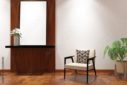 Scandinavian  foyer room with chais & frame mock up on the wall. Design 3d rendering of white and light woods. Design print for illustration, presentation, mock up, interior, zoom, background. Set 1 photo