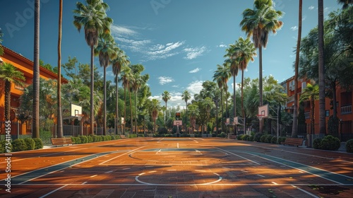 Ball at basketball court on sunny day ai generated