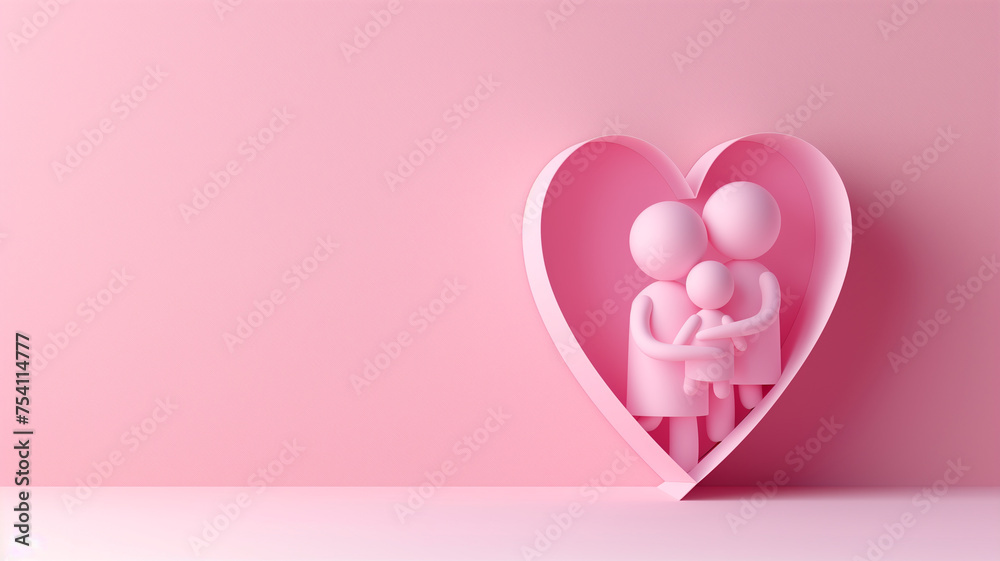 A stylized representation of a family with two adults and a child in a loving embrace, set within a heart-shaped frame, all in a harmonious pink hue
