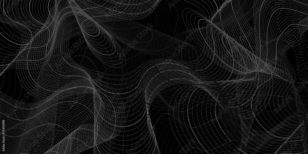 Acrylic abstract lines with wave swirl curve on pour black and gray art. abstract fractal background. Dynamic particles wave. Black background with modern line design template. Vector illustration.
