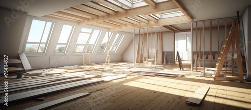 A room in an empty flat apartment is under construction  showcasing wooden floors being installed. The space is in the early stages of development  with a focus on transitioning to wooden flooring.
