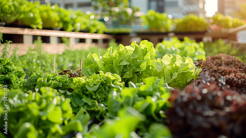 Lush greenery of an urban garden, showcasing rows of fresh lettuces and herbs basking in the golden sunlight, epitomizing sustainable city farming photo