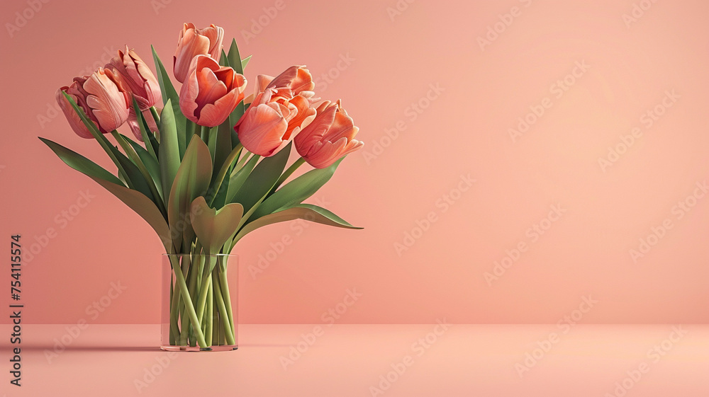 A vase of peach tulips stands gracefully against a matching pastel backdrop, a celebration of spring's delicate beauty.