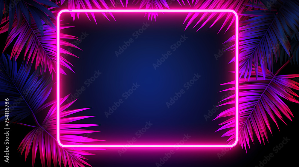 Obraz premium Neon frame with tropical leaves