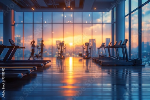 Sunset view over a modern gym with treadmills and exercising people silhouetted against the city skyline
