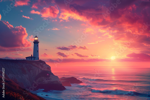 A lighthouse standing tall on a cliff overlooking a beach © AI ARTS