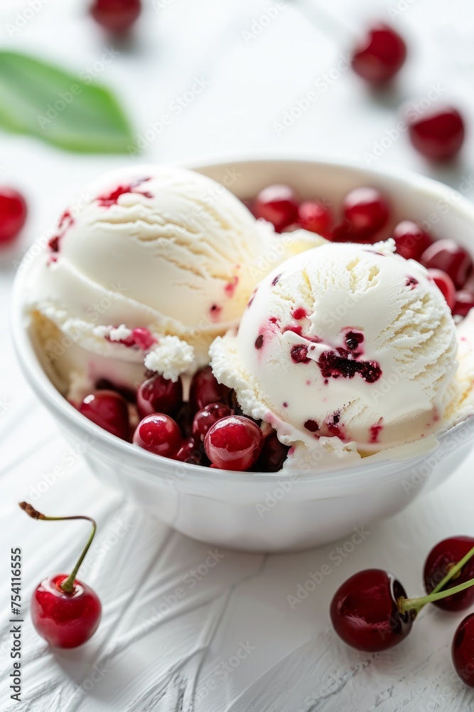 Scoops of Vanilla Ice Cream With Fresh Red Cherries in a White Bowl Scoops of Vanilla Ice Cream With Fresh Red Cherries in a White Bowl