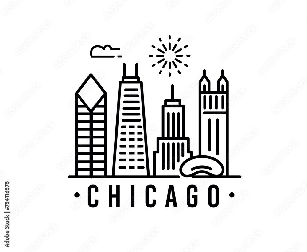 Chicago minimal style City Outline Skyline with Typographic.