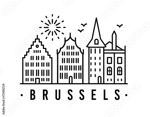 Brussels line house View. Poster print minimal design.
