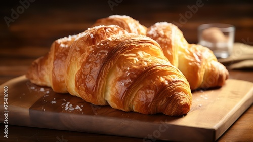 Golden Brown Croissants on a Wooden Cutting Board, Illuminated by Warm Ambient Light