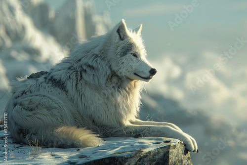 a wolf  in the style of realism  procreate  snowy mountain  fur detail  wintercore  white  facebook