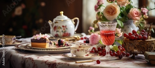 A table is set with plates of food and cups  indicating a tea with desserts setting. The table appears to be awaiting guests  with a variety of treats arranged neatly on the plates.