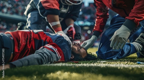 A player receiving treatment for an injury on the sideline, showcasing the physical toll of the game and the care between players and medical staff. 8k photo