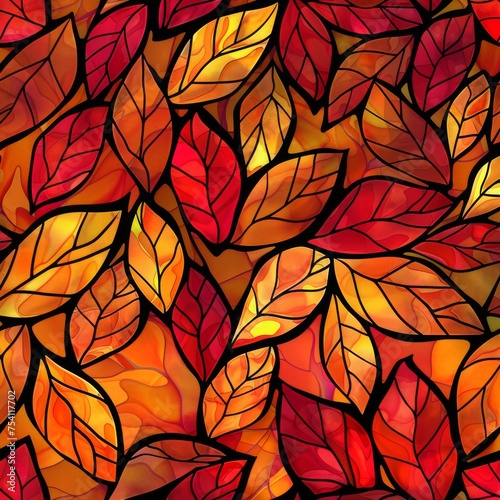 Background Texture Pattern Cel-Shaded Autumn Leaves Design that captures the cozy essence of autumn in vibrant reds, oranges, and yellows created with Generative AI Technology