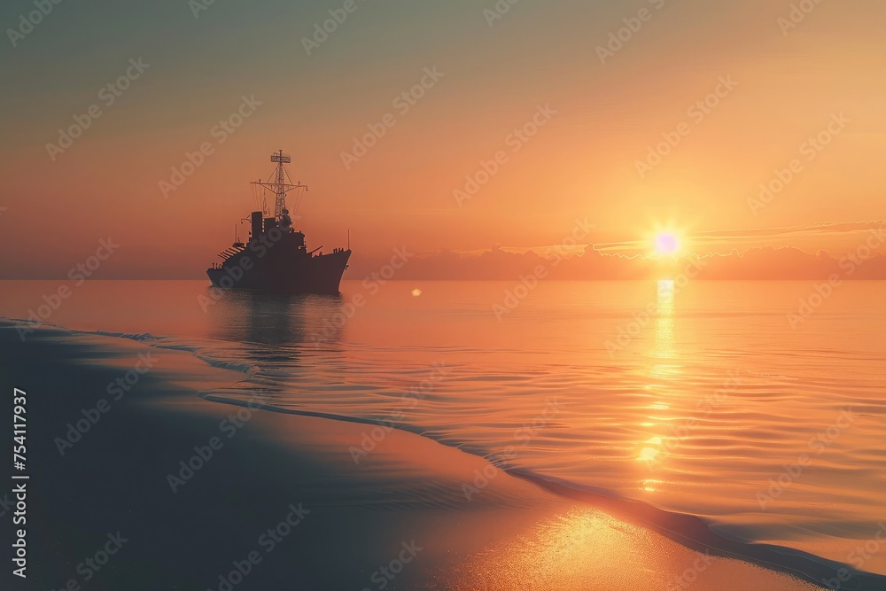 The calm sea reflects the ship and the sun, creating a peaceful yet awe-inspiring setting. 8k The calm sea reflects the ship and the sun, creating a peaceful yet awe-inspiring setting. 8k