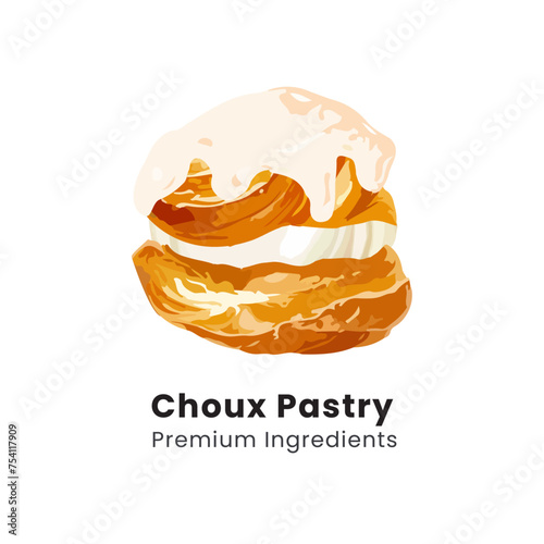 Hand drawn vector illustration of choux pastry cream puff dessert