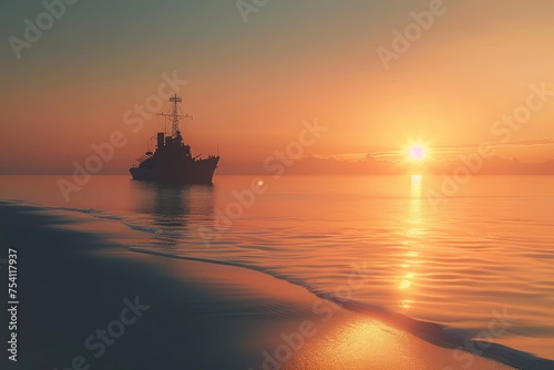 The calm sea reflects the ship and the sun, creating a peaceful yet awe-inspiring setting. 8k © Muhammad
