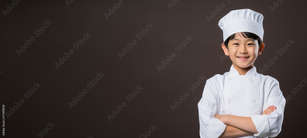 portrait of cute Asian boy in chef uniform in brown isolated background