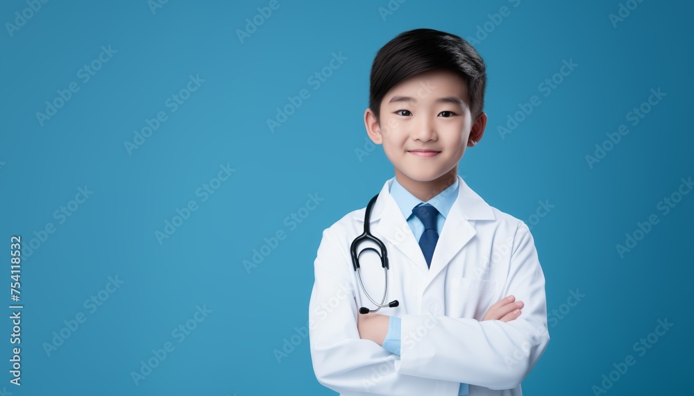 portrait of cute Asian boy in doctor uniform with stethoscope in blue isolated background portrait of cute Asian boy in doctor uniform with stethoscope in blue isolated background
