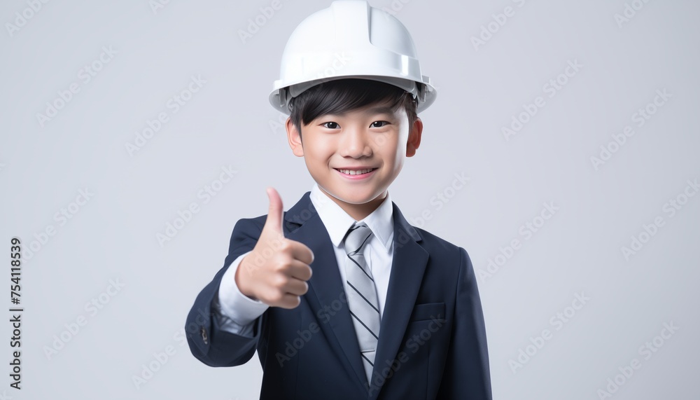 portrait of cute Asian boy wearing white construction helmet in white isolated background portrait of cute Asian boy wearing white construction helmet in white isolated background