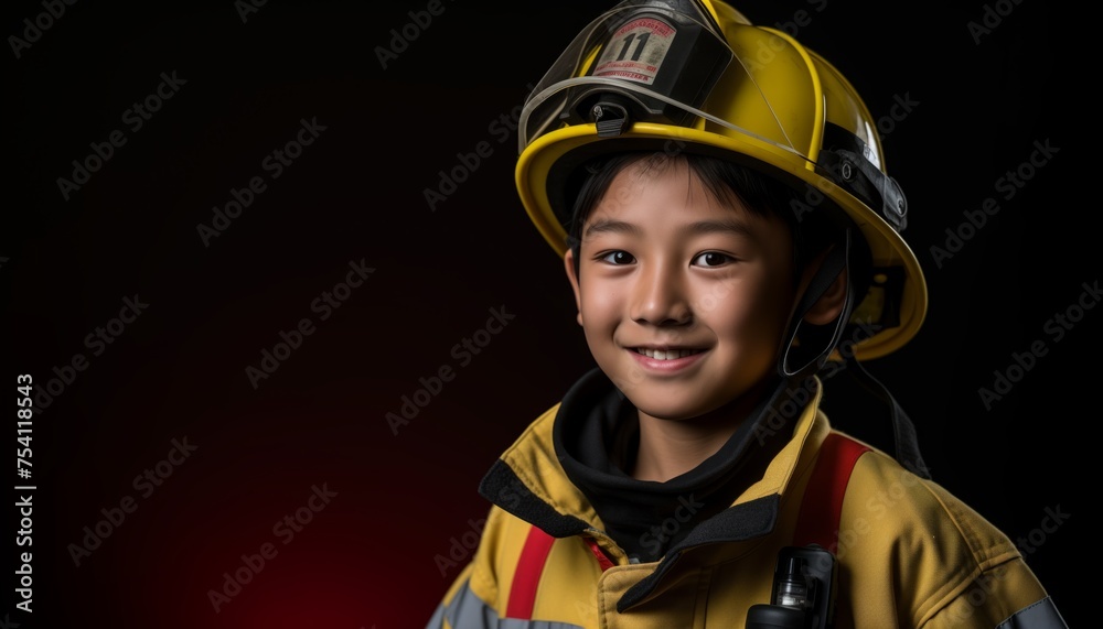 portrait of cute Asian boy in firefighter uniform in black isolated background portrait of cute Asian boy in firefighter uniform in black isolated background