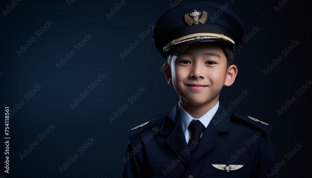 portrait of cute Asian boy in pilot uniform in black isolated background portrait of cute Asian boy in pilot uniform in black isolated background