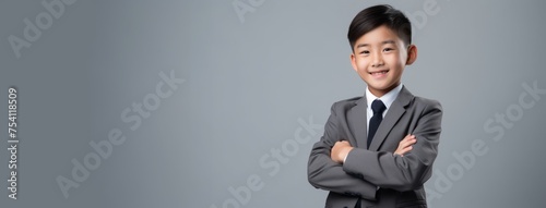 portrait of cute Asian boy in business suit in grey isolated background