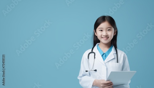 portrait of cute Asian girl in doctor uniform with stethoscope in blue isolated background