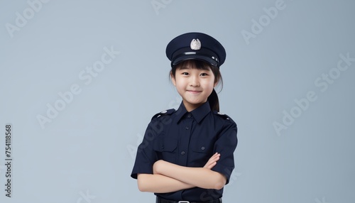 portrait of cute Asian girl in police uniform in grey isolated background