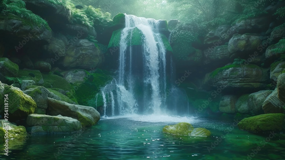 A majestic waterfall hidden deep within the forest, with water cascading over moss-covered rocks into a crystal-clear pool below. 8K A majestic waterfall hidden deep within the forest, with water cascading over moss-covered rocks into a crystal-clear pool below. 8K