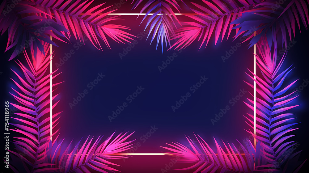 Neon frame with tropical palm leaves on dark background Neon frame with tropical palm leaves on dark background